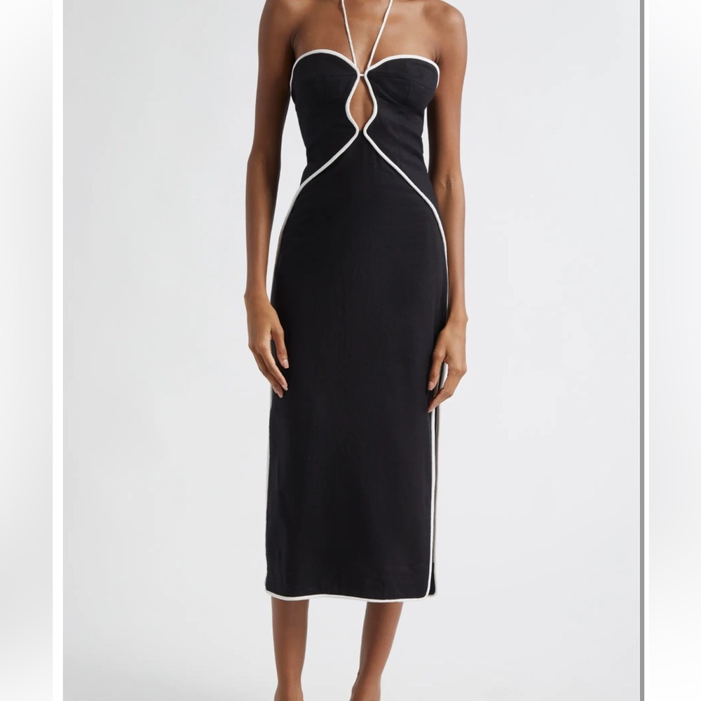 FARM Rio Women's Black Contrast Detail Center Cutout Linen Blend Midi Dress